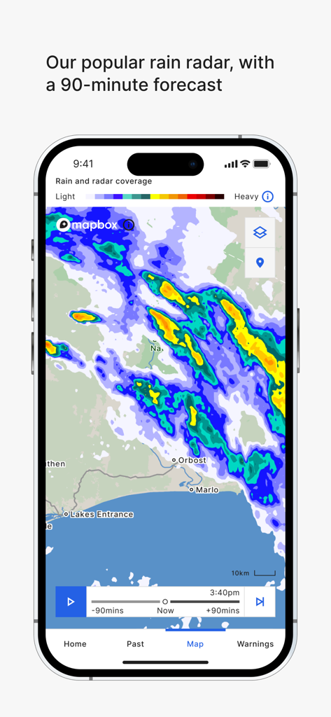 BOM Weather app rain radar interface showing a 90 minute rainfall forecast on a map of Australia