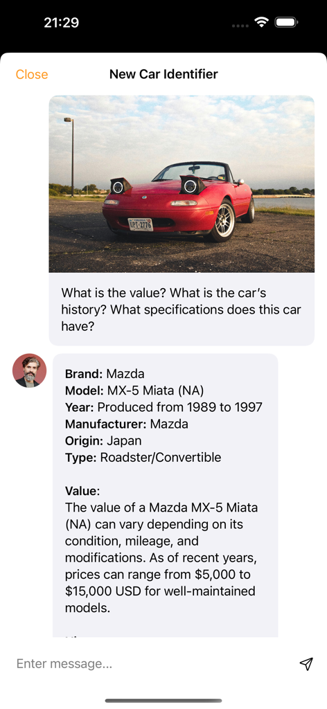 Car Identifier - Car Identifier app screen showing technical specifications and market value for a red Mazda MX-5 Miata