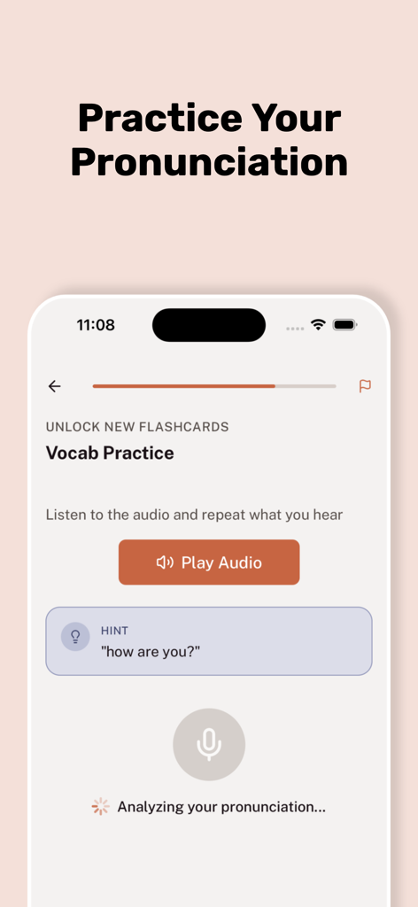 Tahanan app interface showing a Tagalog pronunciation practice screen with AI speech analysis.