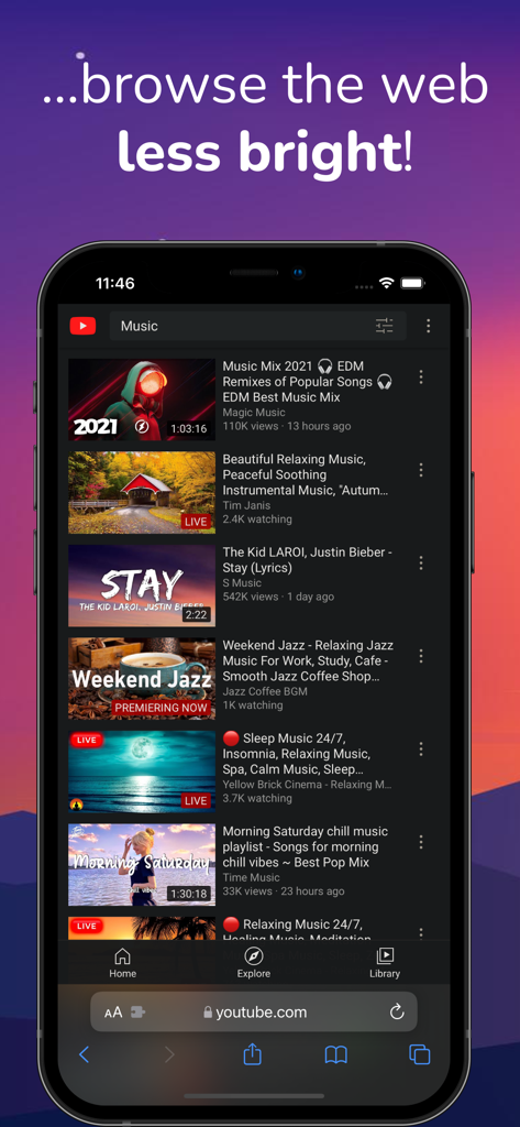 Dark Night - mode for Safari - Dark Night拡張機能を使用してYouTubeをダークモードで表示するiPhone