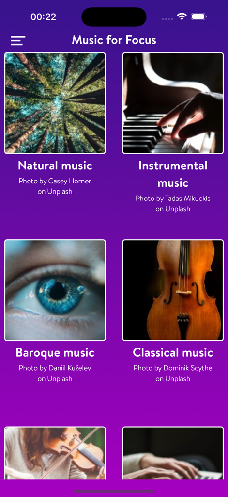 Sound Meter (Noise Detector) - A screen within the Sound Meter app displaying various music categories for focus including natural, instrumental, baroque, and classical.