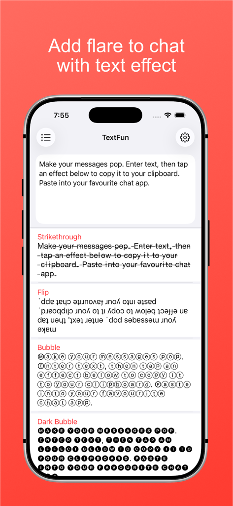 TextFun - Smartphone screen showing TextFun app with bubble and strikethrough text effects