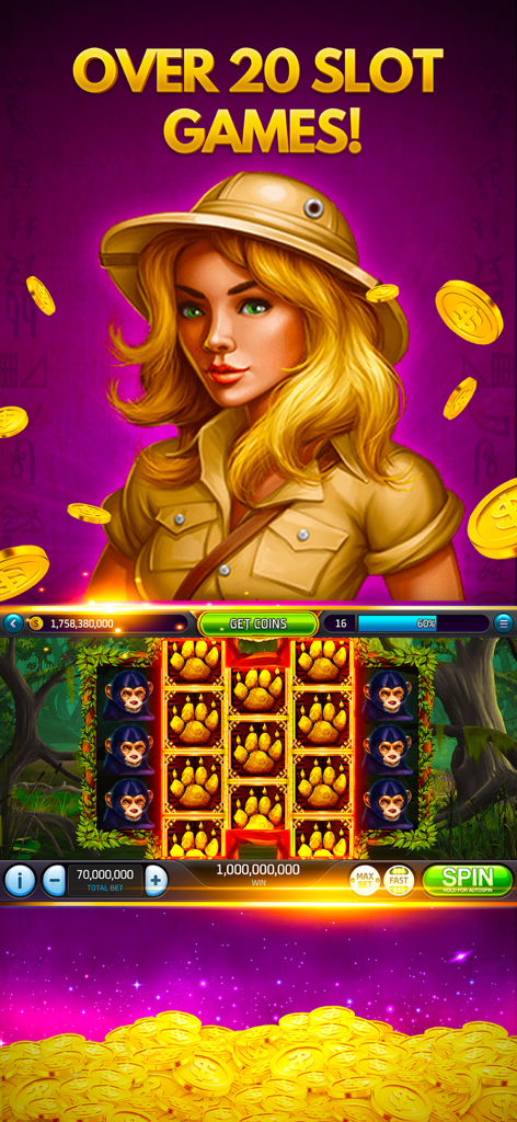 Max Win Casino Slots Game - A safari themed slot machine interface with monkey symbols and falling gold coins.