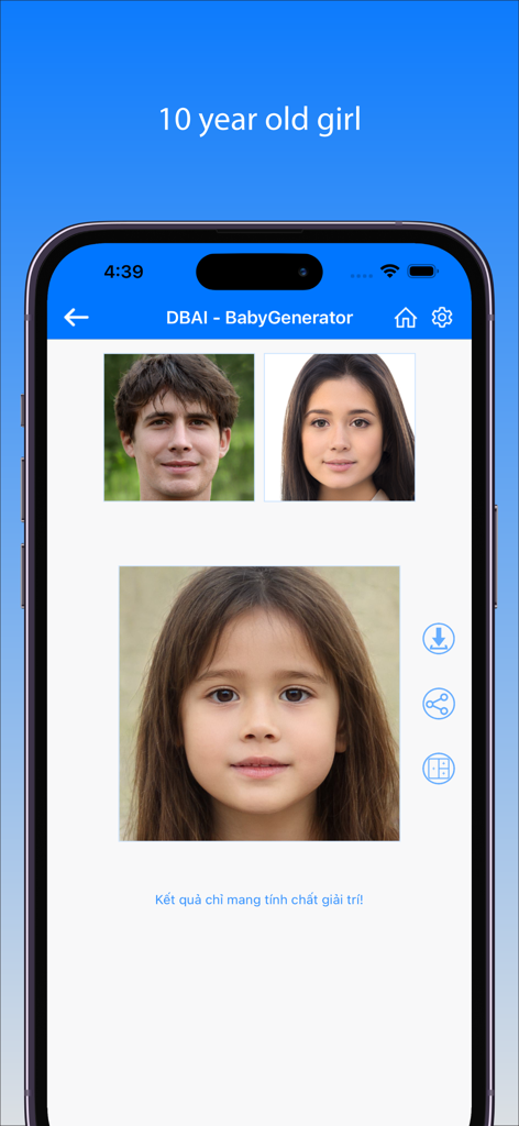 Interface de l'application BabyGenerator affichant une prédiction IA du visage d'un futur enfant basée sur les photos des parents.