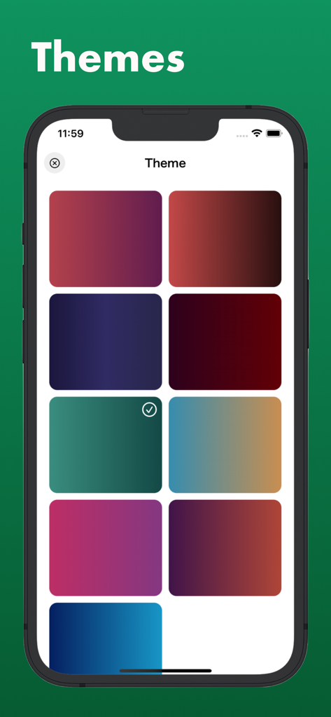SquibWrite: Writing Assistant - Interface of the SquibWrite app showing a grid of various colorful gradient background themes to choose from.