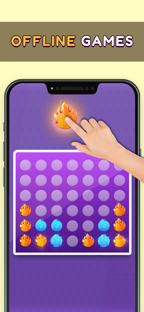 Mini Games: 100+ Offline Games - Interfaz de un minijuego de cuatro en raya mostrando piezas de fuego y agua en una pantalla de móvil
