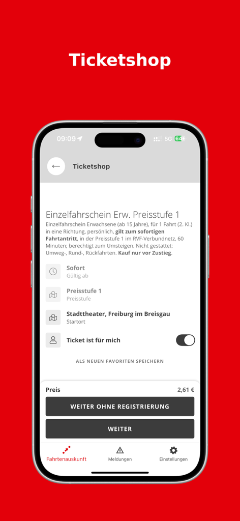 VAG mobil app ticket purchase screen for a single fare in Freiburg