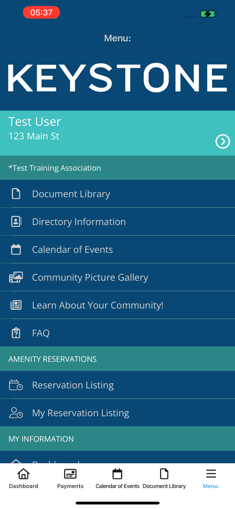 Keystone Connection - Menu screen of the Keystone Connection app showing options for community documents, events, and amenity reservations.