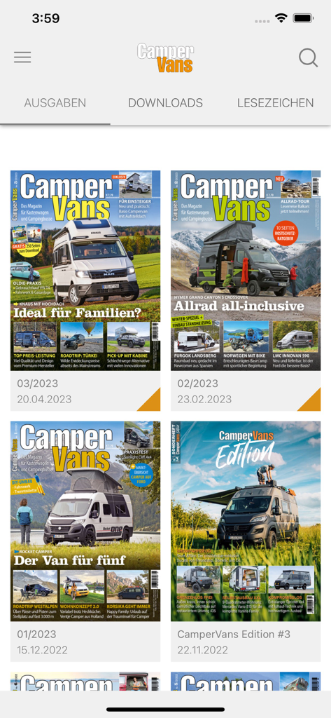 CamperVans - Digital magazine library in the CamperVans app showing multiple issue covers featuring different camper van models.