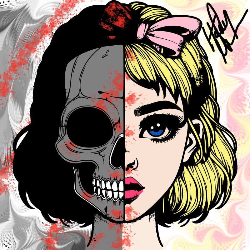 realistic girl with half skull mask