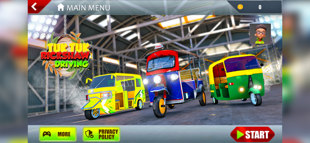 Main menu screen of TukTuk Auto Rickshaw Taxi Game showing three colorful rickshaws in a garage.