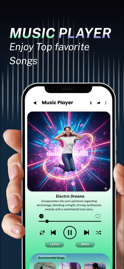 L'application du lecteur de musique hors ligne PowerAmp affichant une chanson intitulée Electric Dreams avec une pochette d'album colorée et des commandes de lecture