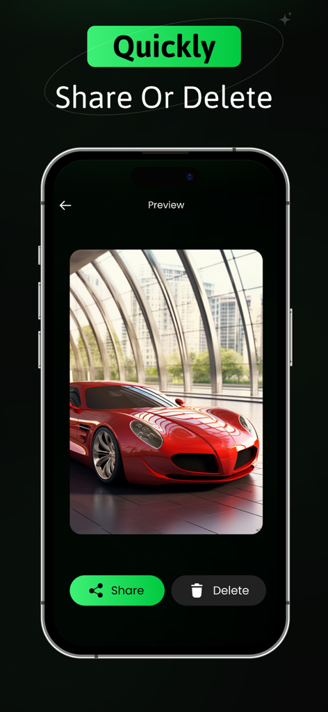 AI Car Designer: Car Modify AI - Vista previa de la aplicación Diseñador de Coches IA que muestra un coche deportivo rojo modificado con opciones para compartir o eliminar el diseño