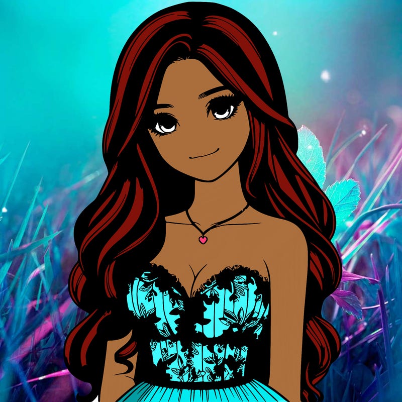 realistic girl with long hair and pretty prom dress