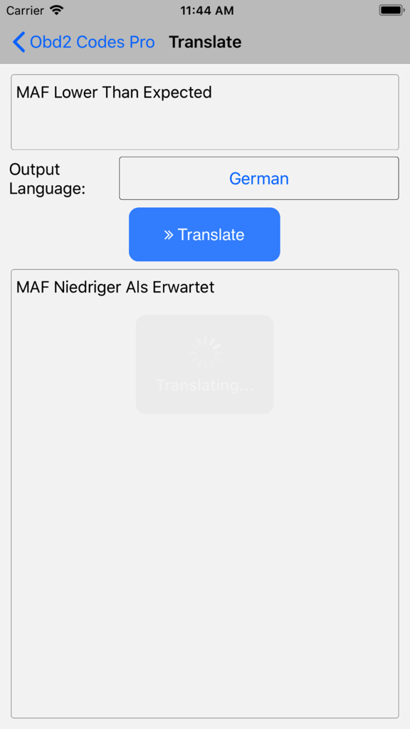Obd2 Codes List - Translation feature in the Obd2 Codes List app showing an engine diagnostic description translated into German.