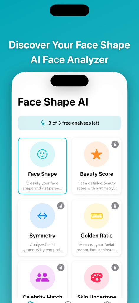 Dashboard of the Face Shape AI app showing facial analysis options like face shape and beauty score