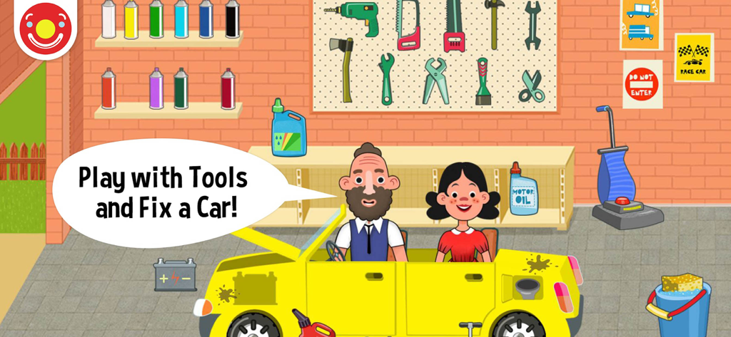 Two characters sitting in a yellow car inside a virtual garage with tools on a pegboard and a speech bubble about fixing cars.