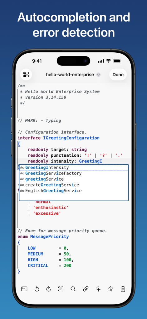 Combine - Code Editor & Git - Combine code editor showing autocompletion and error detection for TypeScript code on an iPhone
