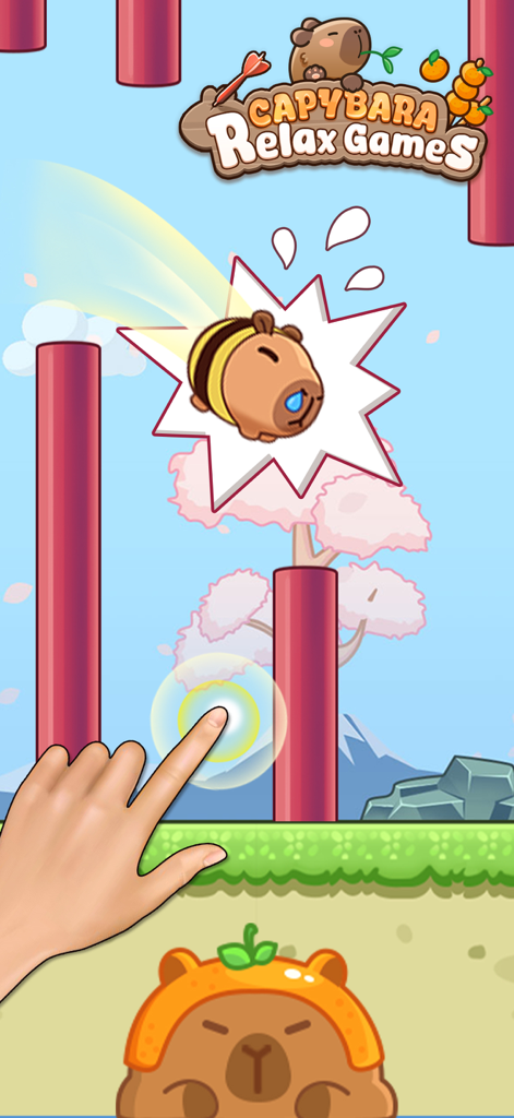 Capybara Relax Offline Games - A hand tapping the screen to play the Flappy Capy mini-game featuring a cute bee-themed capybara flying between pipes.