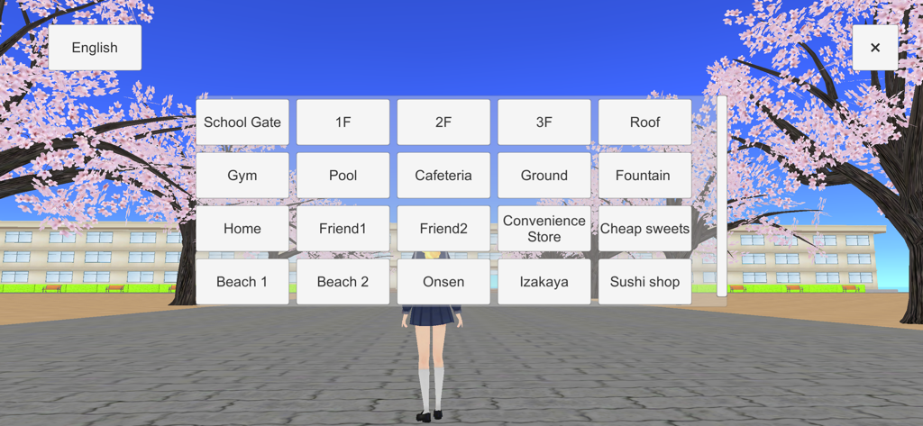 Women's School Simulator Next - Location selection menu in Women's School Simulator Next showing teleport options like the school roof, gym, and sushi shop
