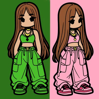 girl in baggy pants crop top and long hair