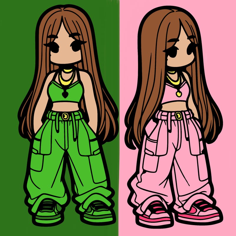 girl in baggy pants crop top and long hair