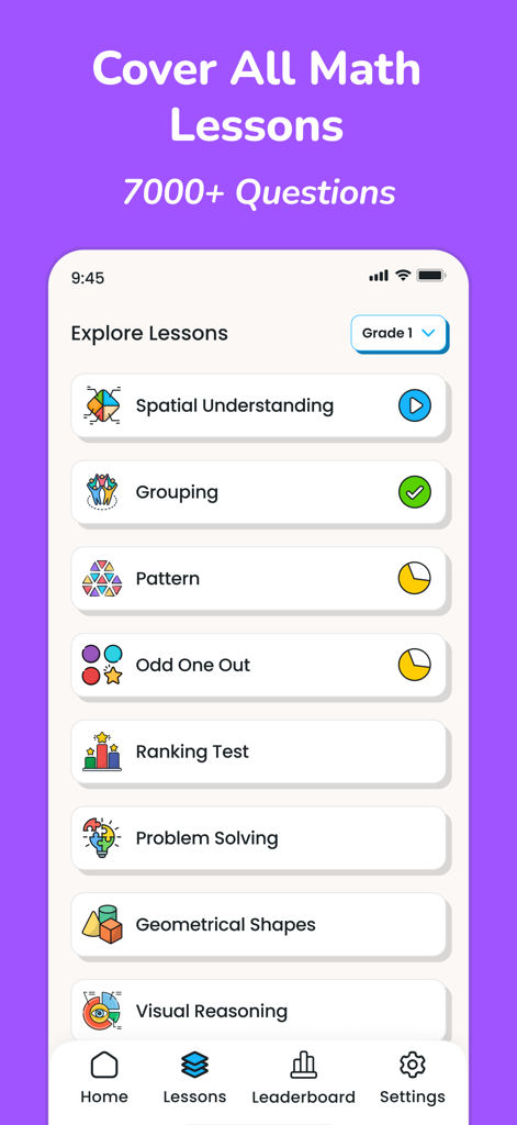 Gonit - Practice Math Olympiad - Gonit app screenshot showing a list of Grade 1 math lesson categories including Spatial Understanding and Visual Reasoning