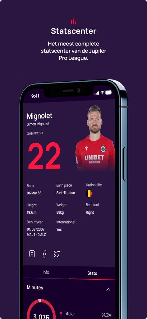 Pro League - Jupiler Pro League app Statscenter showing goalkeeper Simon Mignolet profile and player statistics