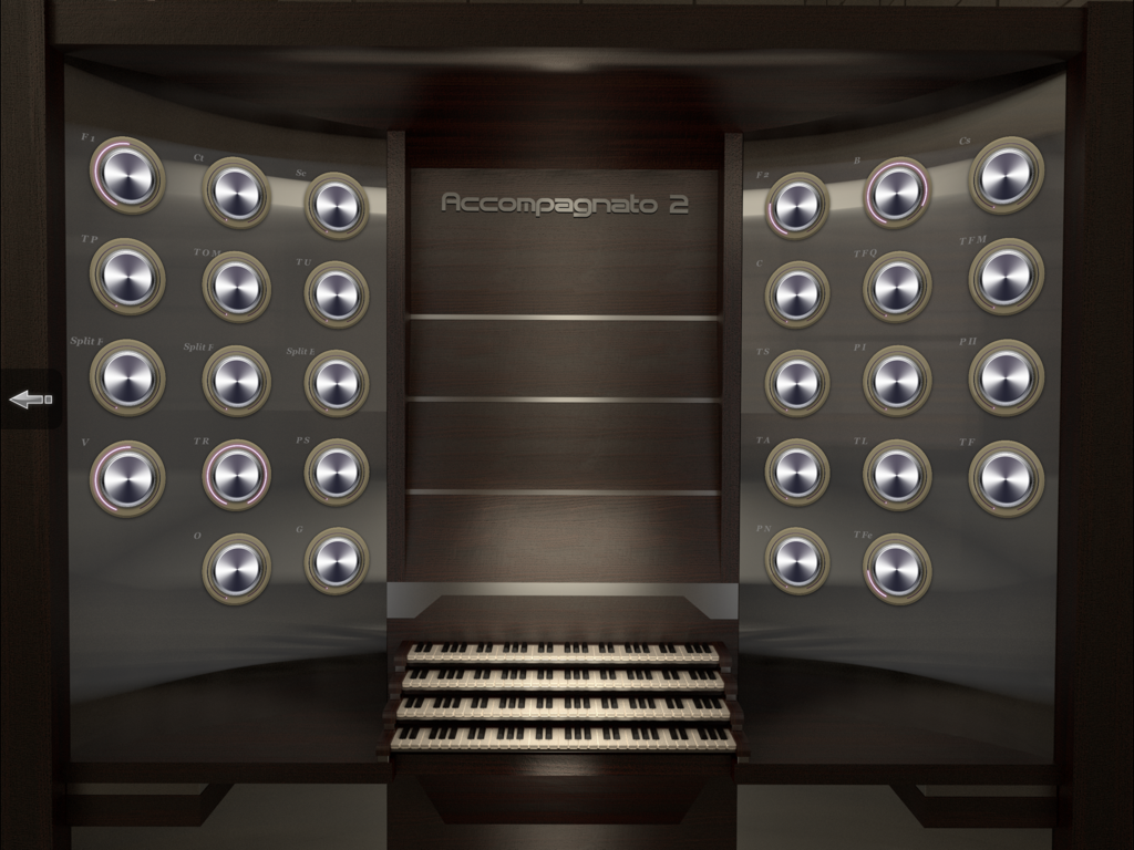 iCathedral Organ - Una interfaz profesional de consola de órgano de tubos virtual con tres teclados y múltiples pomos de registro ajustables.