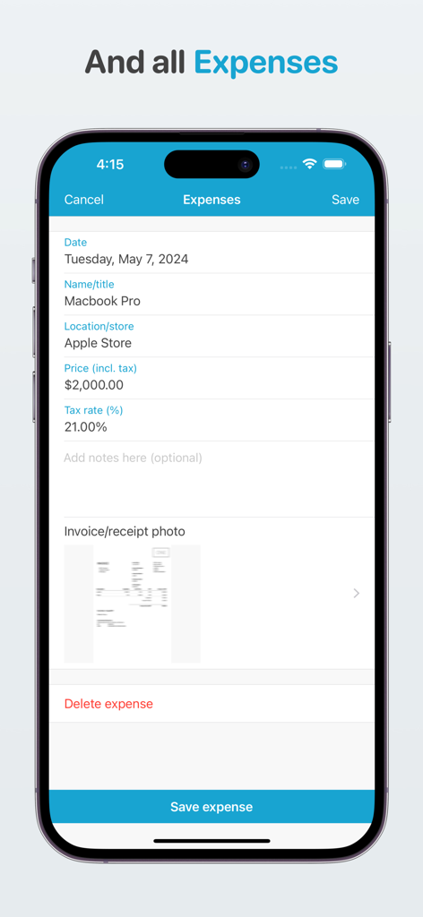 Freelance bookkeeping - Interfaz de la aplicación móvil para registrar gastos comerciales, incluido el precio, la tasa impositiva y la foto del recibo.