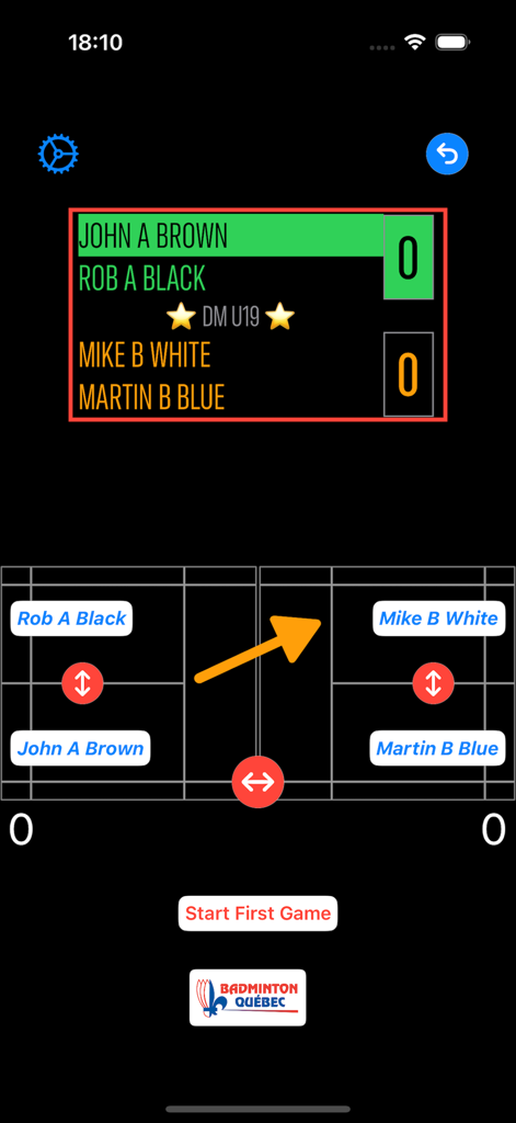 ServiceOver - Interface of the ServiceOver app showing a badminton match setup with a scoreboard, player names, and a court diagram.