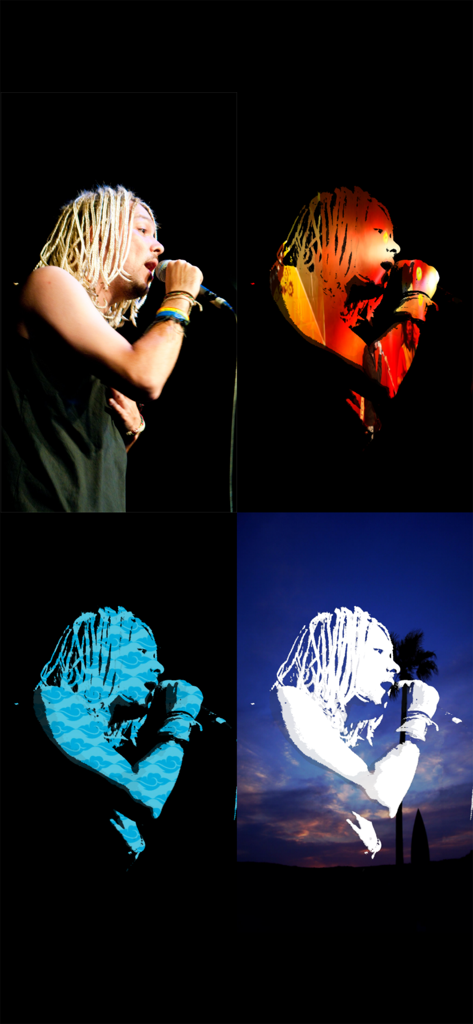 Silhouette - Image Maker App - Grade de quatro painéis mostrando uma foto original de cantora e três efeitos diferentes de mesclagem de arte em silhueta com padrões e fundo de pôr do sol