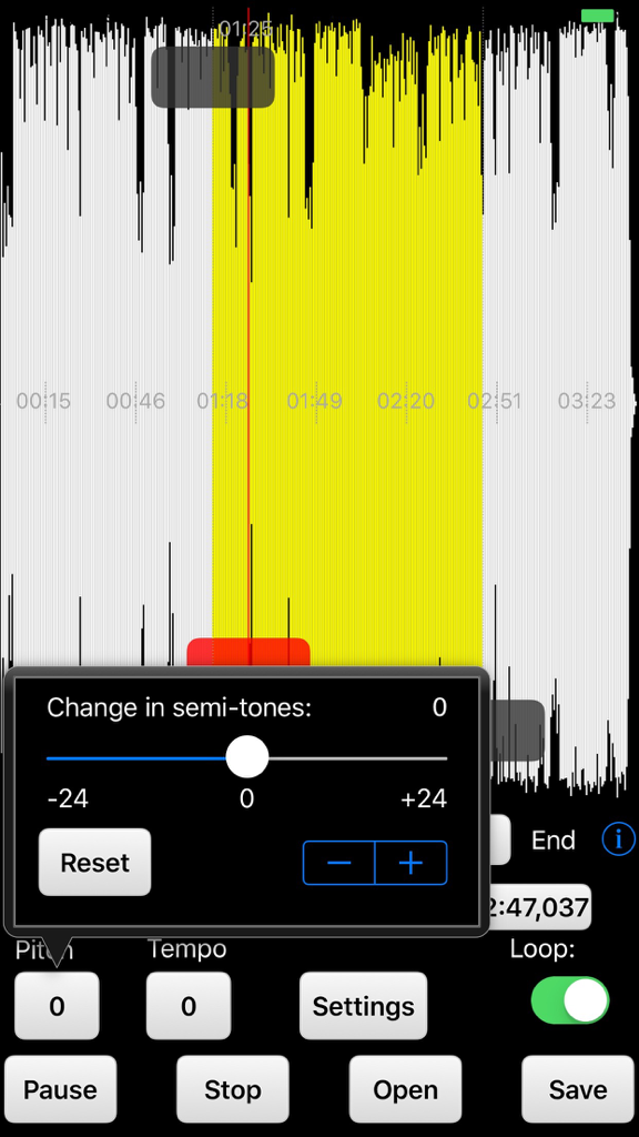 Music Speed Changer - Music Speed Changer app screen showing an audio waveform and semi-tone pitch adjustment slider
