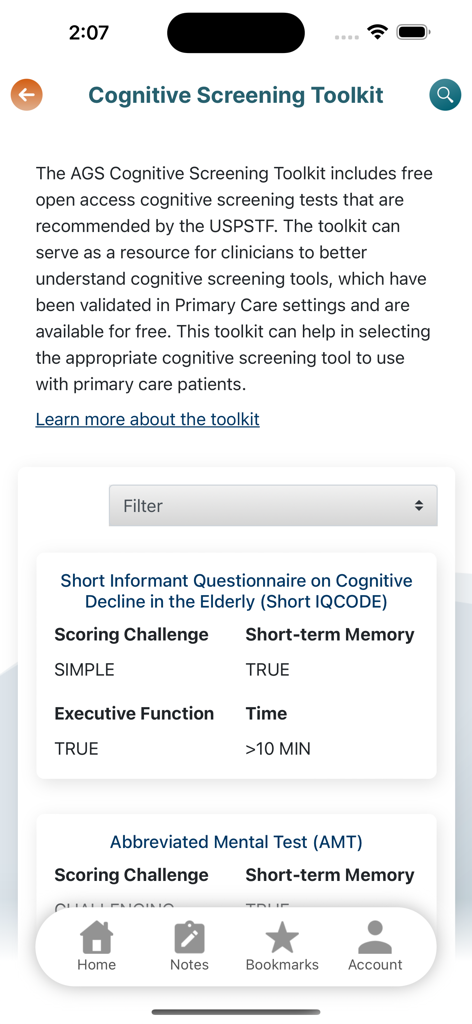 iGeriatrics - iGeriatrics app screen displaying the Cognitive Screening Toolkit with clinical assessment options for healthcare professionals.