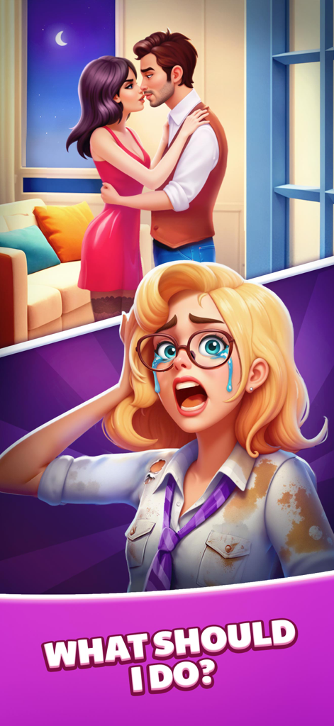 Tiles of Hope - Matching Games - A crying blonde woman in glasses looking distressed while a romantic couple appears in the background