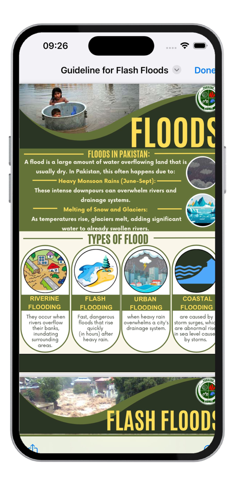 PAK NDMA-Disaster Alert - A mobile app screen explaining different types of floods in Pakistan including flash and urban flooding.