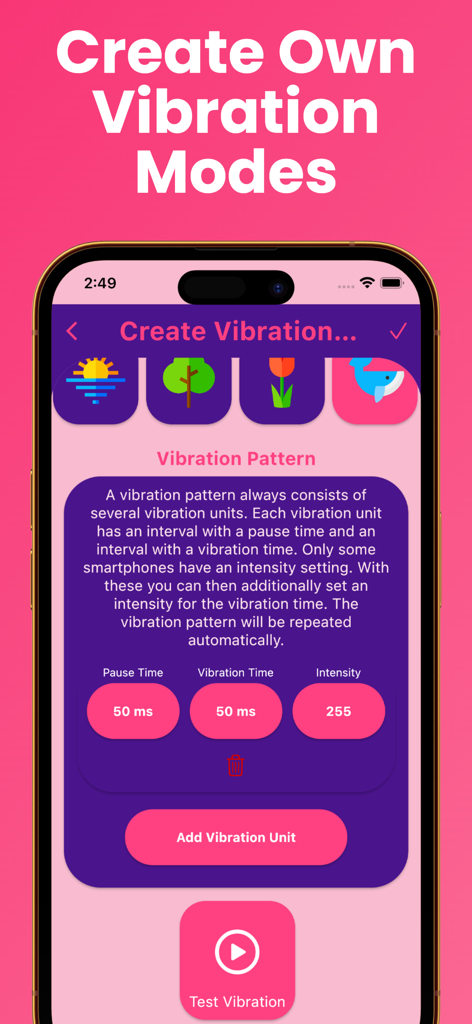 Interface for creating custom vibration patterns in the Strong Vibration app showing pause and intensity settings
