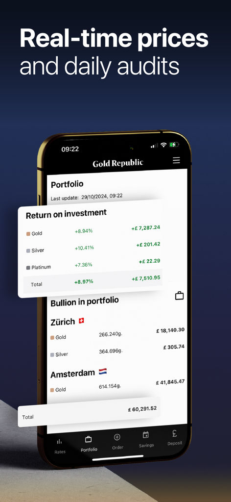 GoldRepublic: Trade Gold - GoldRepublic app interface showing precious metal portfolio returns and bullion storage locations