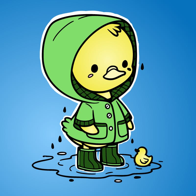 baby duck in a rain coat and boots, in a puddle while it’s raining