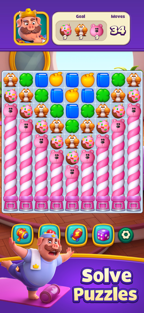 Piggy Kingdom match 3 puzzle gameplay showing a colorful board and a pig character doing yoga