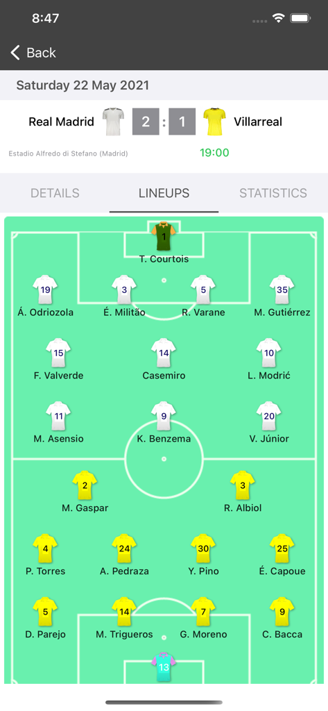 La Liga app showing soccer team lineups and player formations on a tactical field map