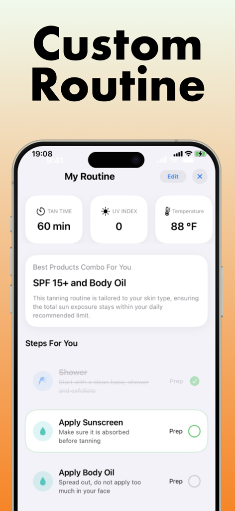 SPF AI: Sunglow & Tanning - App screen showing a custom tanning routine with UV index and SPF recommendations