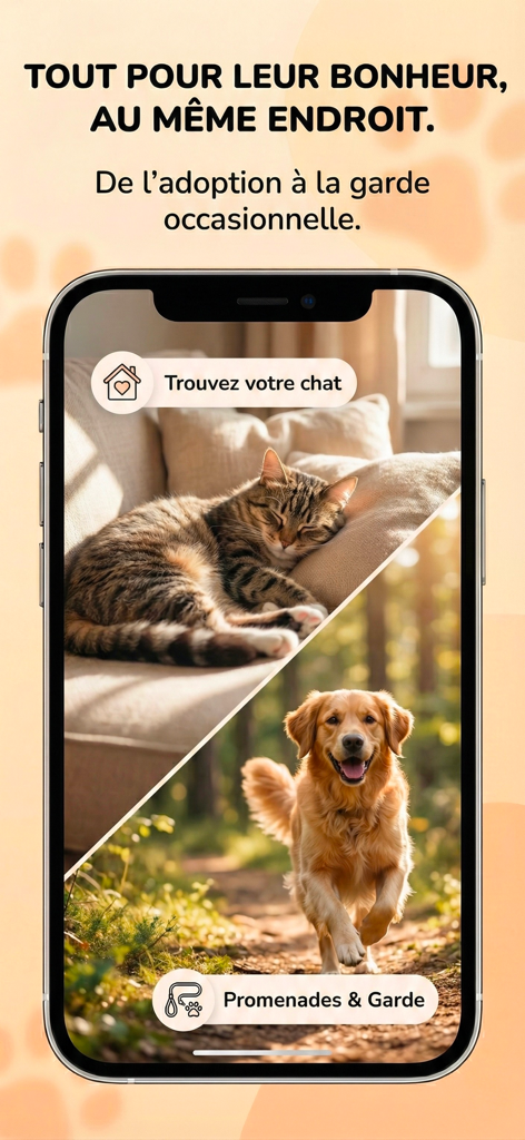 Adopt Animaux - Adopt Animaux 앱이 고양이 입양 및 강아지 산책 서비스 섹션과 함께 표시되는 스마트폰 화면