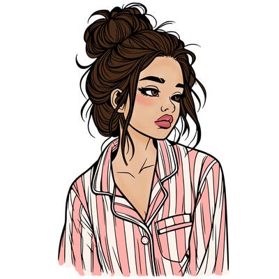 realistic woman with pajamas on and a messy bun