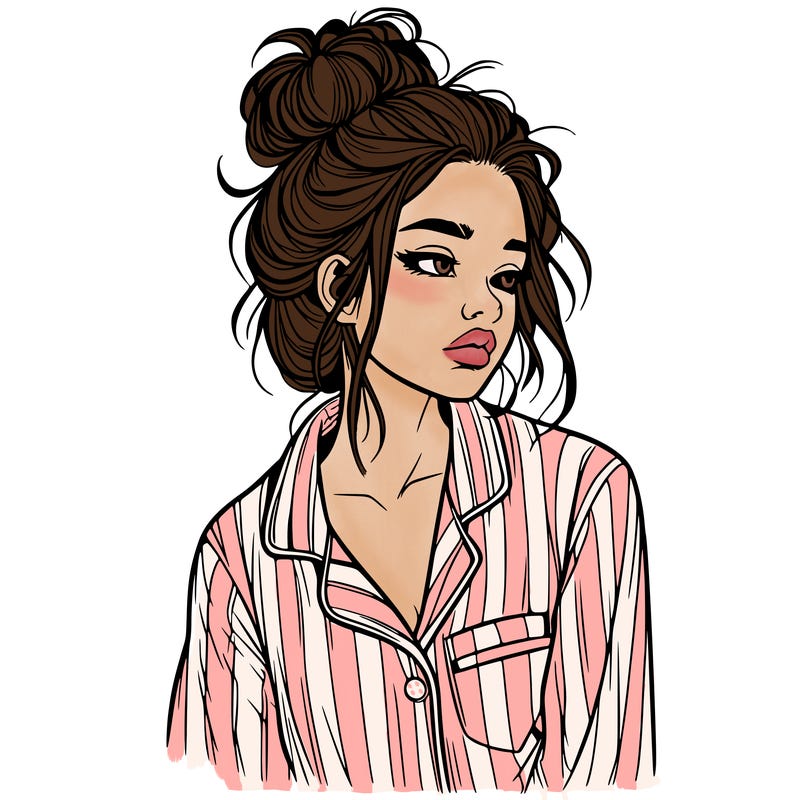 realistic woman with pajamas on and a messy bun
