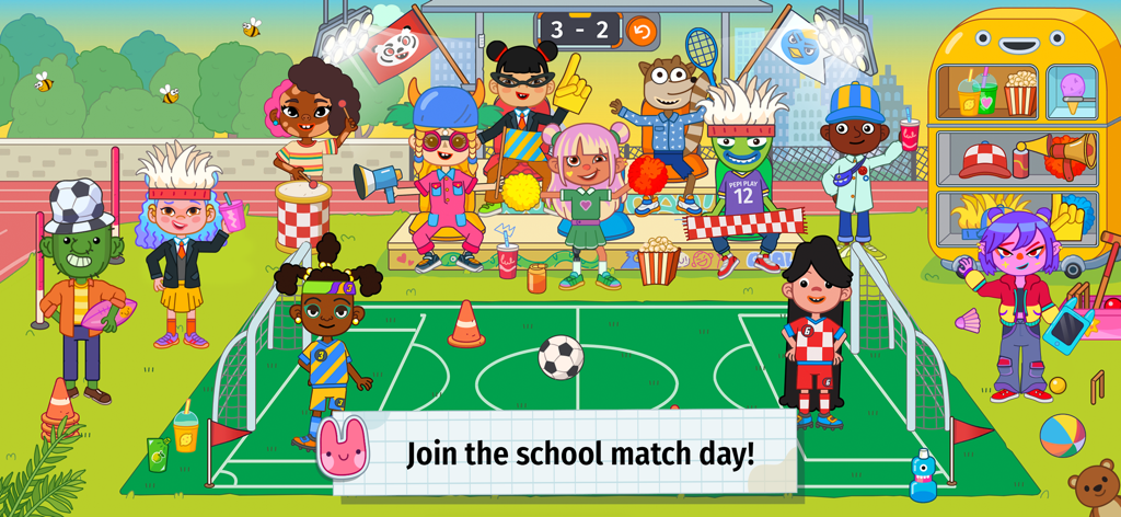 Pepi School: Fun Kid Games - Diverse cartoon characters playing soccer and cheering on a sports field in Pepi School
