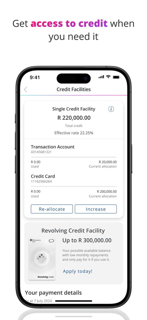 Discovery Bank - Discovery Bank mobile app screen for managing credit facilities and applying for revolving credit