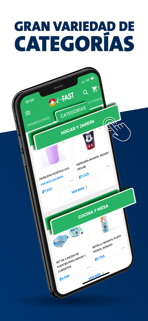 E-Fast - Écran de smartphone montrant les catégories de l'application de shopping E-Fast, y compris les articles de jardin et de cuisine pour la maison