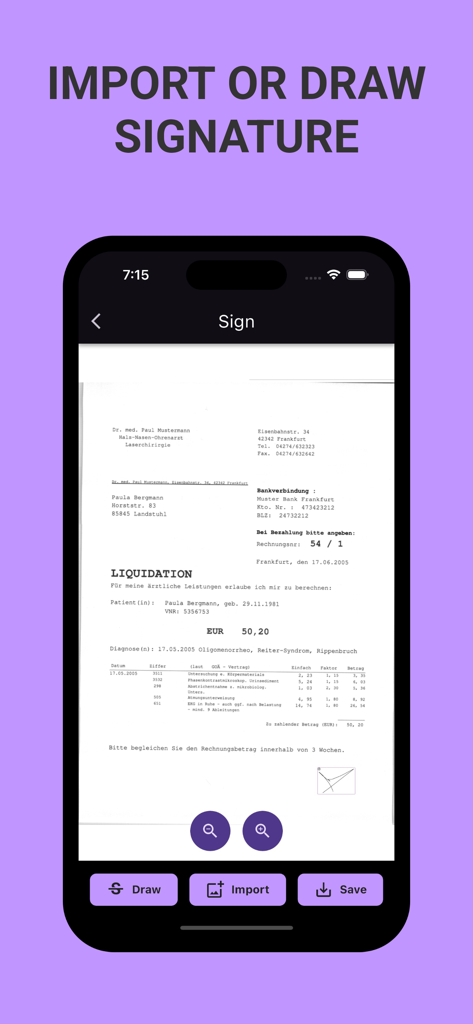 Photo to PDF Converter * - A smartphone screen showing the Photo to PDF app interface for adding a digital signature to a scanned document
