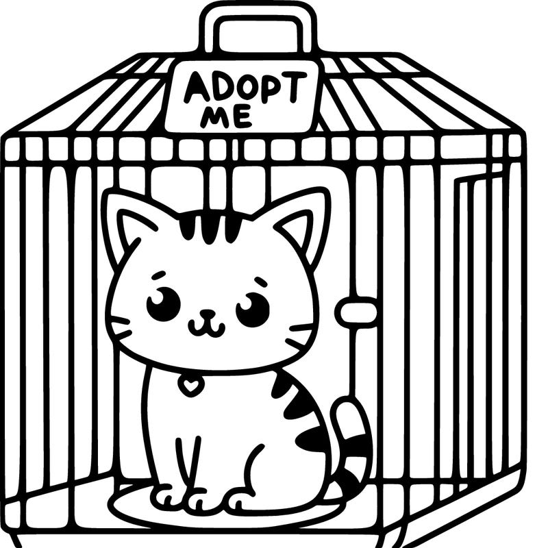 a cat in a cage with a sign on the cage saying adopt me